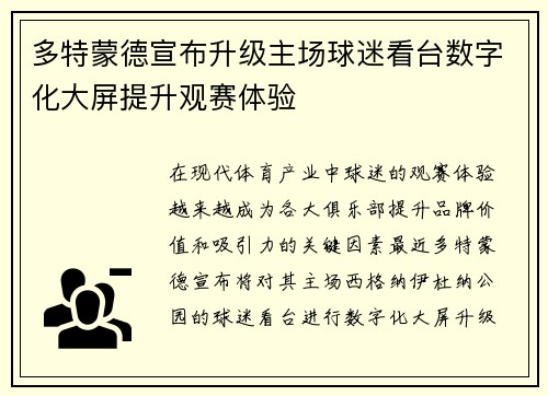 多特蒙德宣布升级主场球迷看台数字化大屏提升观赛体验