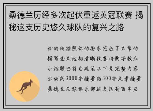 桑德兰历经多次起伏重返英冠联赛 揭秘这支历史悠久球队的复兴之路