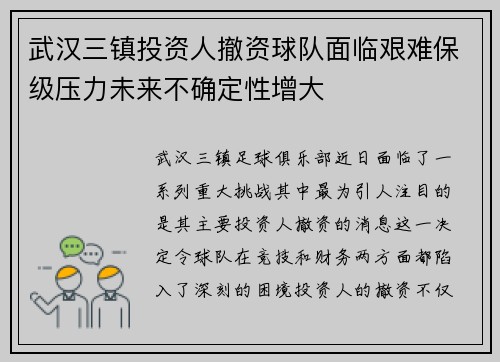 武汉三镇投资人撤资球队面临艰难保级压力未来不确定性增大