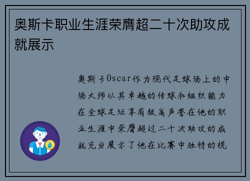 奥斯卡职业生涯荣膺超二十次助攻成就展示