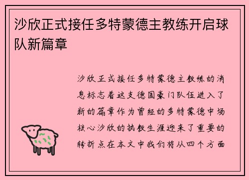 沙欣正式接任多特蒙德主教练开启球队新篇章